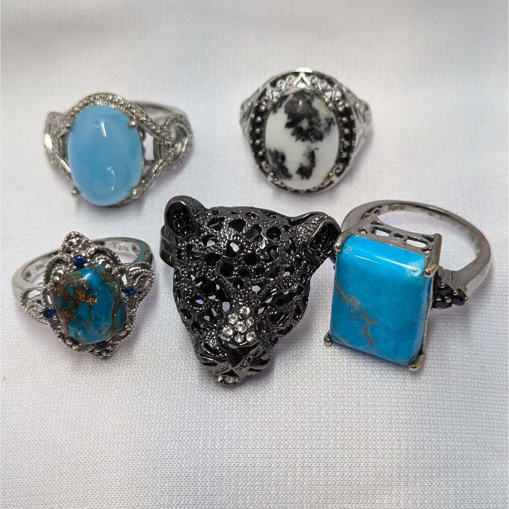Statement Rings Sz 10 Gemstone Rhinestone Lot Of 5 Silver Tone Leopard Turquoise